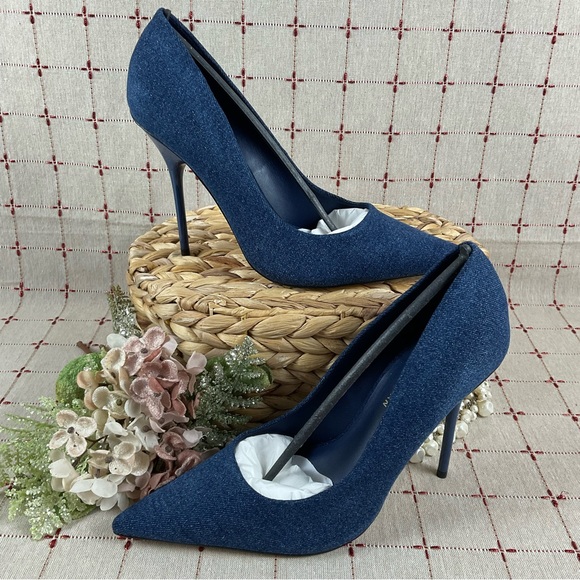 Good American Shoes - GOOD AMERICAN “Emma” Denim Heel Ultra High Blue Denim Stilettos Sz 10.5 New